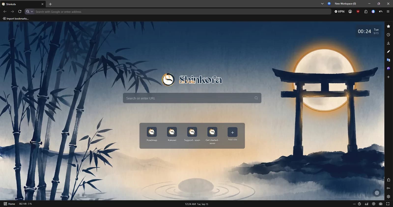 Le nouvel onglet du navigateur Shinkofa, une peinture de nuit avec la lune et un torii